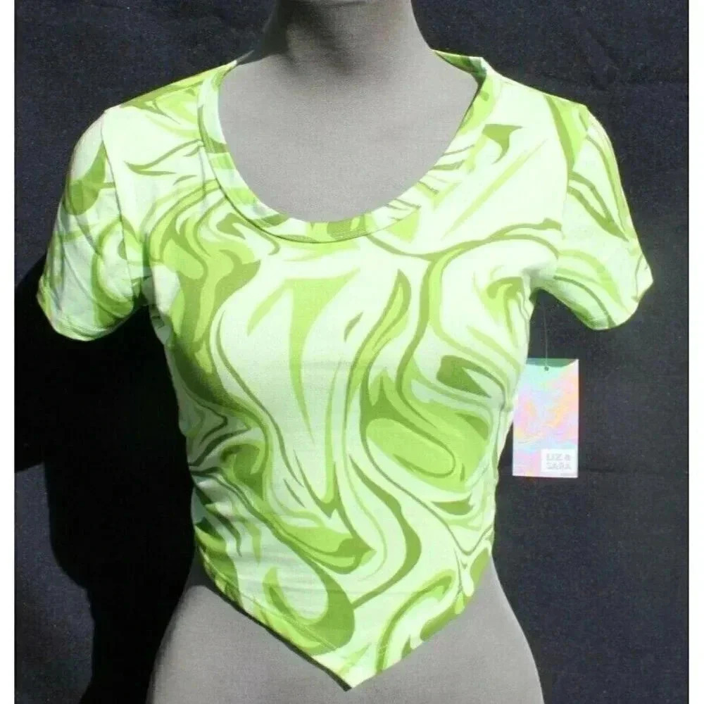 New Women's Green Girls Groovy SWIRLS Crop Top V Bottom Emo Girl Indie Core